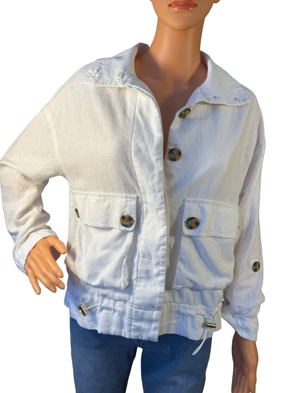 Calligraphie White Linen Utility Jacket Oversized Front Buttons